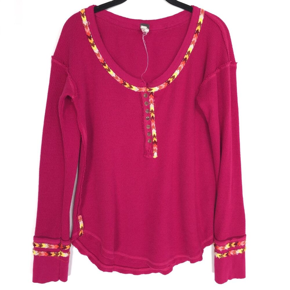 FREE PEOPLE We The Free Top Blouse MEDIUM Thermal Henley Pink Embroidered Women